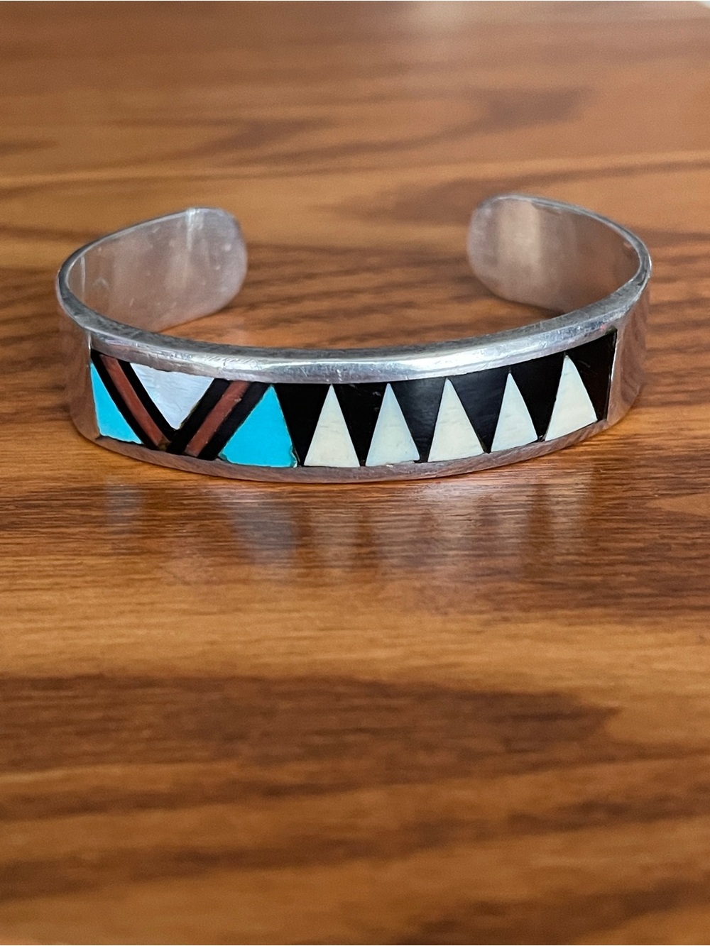 Vintage Native American Turquoise and Jet Multi-Stone Inlay Silver Cuff Bracelet